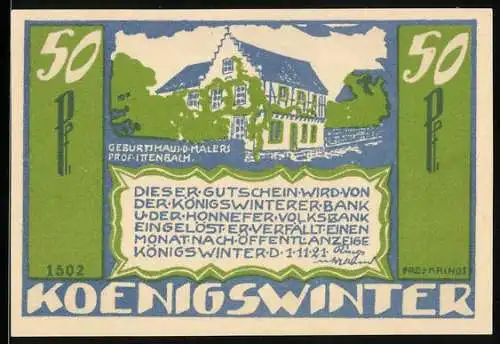 Notgeld Koenigswinter 1921, 50 Pfennig, Geburtshaus des Malers Prof. Ittenbach