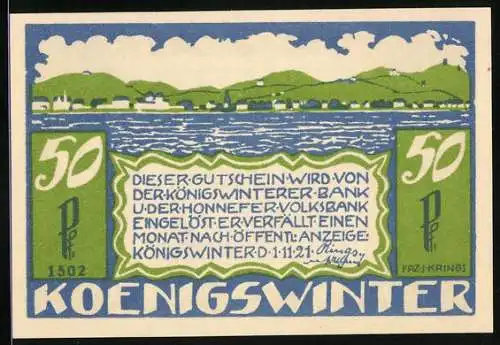 Notgeld Koenigswinter 1921, 50 Pfennig, Ortsansicht am Wasser