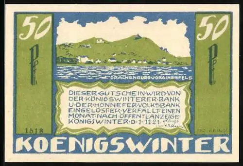 Notgeld Koenigswinter 1921, 50 Pfennig, Drachenburg und Drachenfels am Fluss