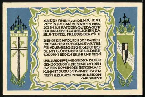 Notgeld Koenigswinter 1921, 50 Pfennig, Drachenburg und Drachenfels am Fluss