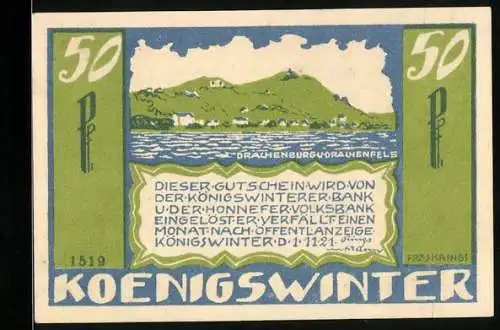 Notgeld Koenigswinter 1921, 50 Pfennig, Drachenfels und Drachenburg am Fluss