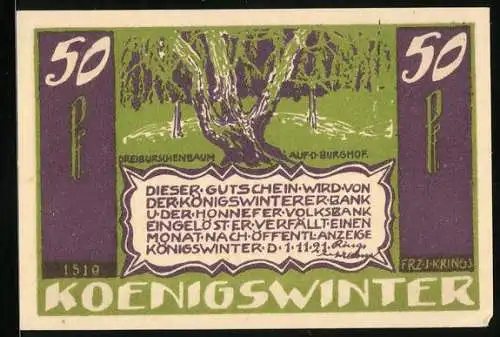 Notgeld Koenigswinter 1921, 50 Pfennig, Dreiburschenbaum auf d. Burghof