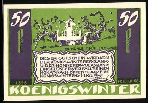 Notgeld Koenigswinter 1921, 50 Pfennig, Die Wassermühle im kühlen Grunde