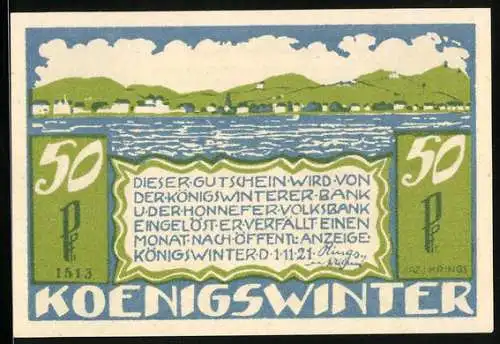 Notgeld Koenigswinter 1921, 50 Pfennig, Gesamtansicht am Wasser