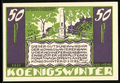 Notgeld Koenigswinter 1921, 50 Pfennig, Denkmal der Volkserhebung von 1813 auf dem Drachenfels