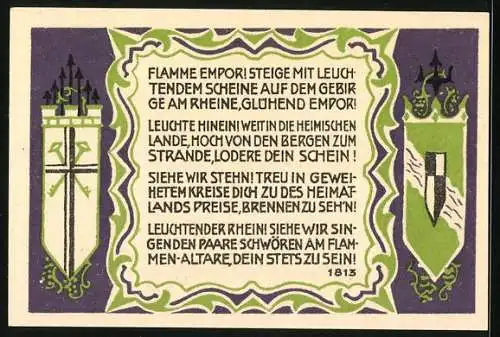 Notgeld Koenigswinter 1921, 50 Pfennig, Denkmal der Volkserhebung von 1813 auf dem Drachenfels