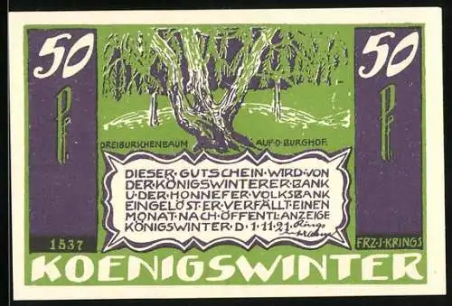 Notgeld Königswinter 1921, 50 Pfennig, Dreiburschenbaum auf dem Burghof