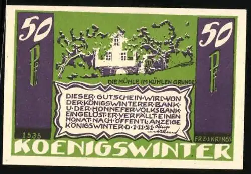 Notgeld Königswinter 1921, 50 Pfennig, Die Wassermühle im kühlen Grunde