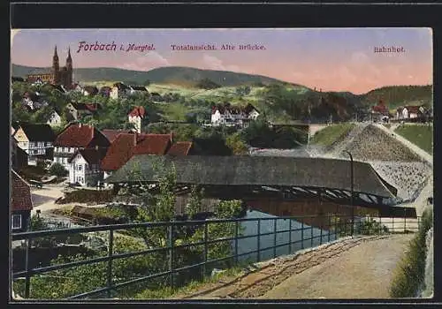 AK Forbach i. Murgtal, Totalansicht, Alte Brücke, Bahnhof