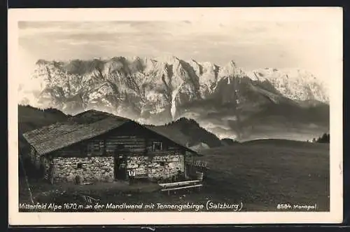 AK Mühlbach am Hochkönig, Mitterfeldalpe an der Mandelwand mit Tennengebirge