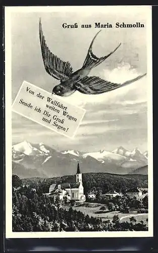 AK Maria Schmolln, Ortsansicht mit Kirche, Schwalbe