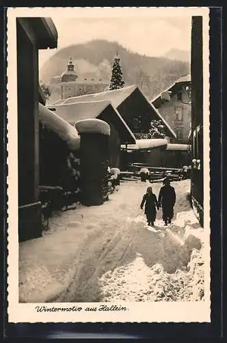 AK Hallein, Strassenpartie mit Kindern im Winter