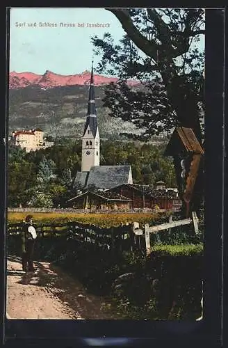 AK Amras, Blick auf Dorf und Schloss, Flurkreuz