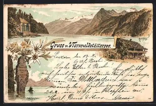 Lithographie Vierwaldstättersee, Der Schillerstein, das Rütlihaus