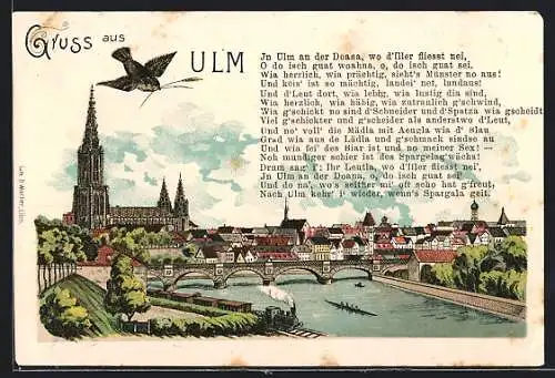 Lithographie Ulm / Donau, Ortsansicht mit dem Münster und einer Eisenbahn am Fluss