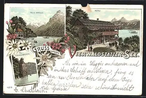 Lithographie Rütli /Vierwaldstätter-See, Schillerstein, Tellskapelle