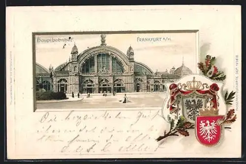 Passepartout-Lithographie Frankfurt, Hauptbahnhof mit Passagieren, Wappen