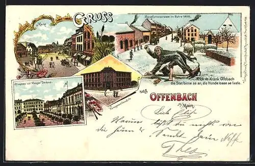 Lithographie Offenbach / Main, Aliceplatz mit Kriegerdenkmal, Markt, Kunstgewerbeschule, Hund