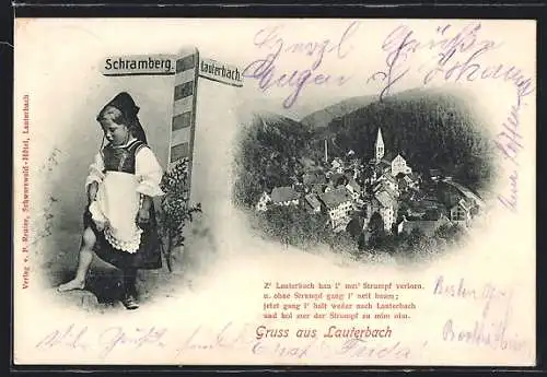 AK Lauterbach / Schwarzwald, Totalansicht, kleines Mädchen steht am Wegweiser nach Schramberg und Lauterbach