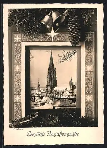 AK Freiburg / Breisgau, Blick auf das Münster im weihnachtlichen Passepartout, Neujahrskarte