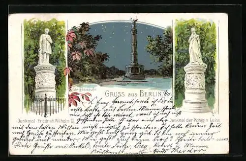 Lithographie Berlin, Siegessäule bei Nacht, Denkmal Friedrich Wilhelm III., Denkmal der Königin Luise