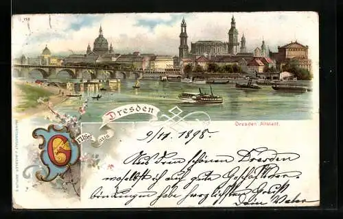Lithographie Dresden, Altstadt mit Dampfern und Booten