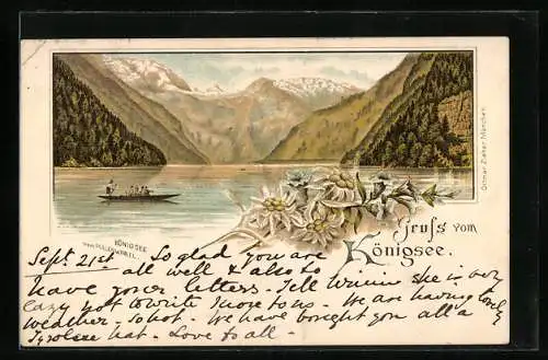 Lithographie Königsee / Berchtesgaden, Panorama mit Boot & Edelweiss