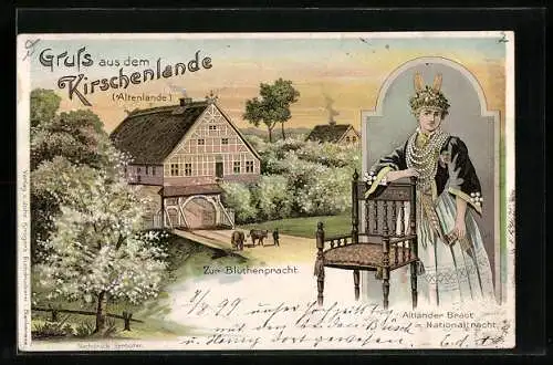 Lithographie Altenlande, Gruss aus dem Kirschenlande, Altenländer Braut in Nationaltracht