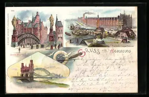 Lithographie Hamburg, Frei-Hafen, Lagerhäuser, Brooksbrücke, Neue Elbbrücke