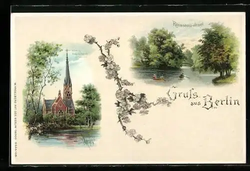 Lithographie Berlin, Rousseau-Insel, Kaiser Friedrich-Gedächtniskirche im Tiergarten