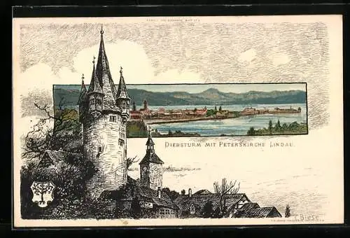 Künstler-AK Karl Mutter: Lindau / Bodensee, Diebsturm mit Peterskirche, Teilansicht
