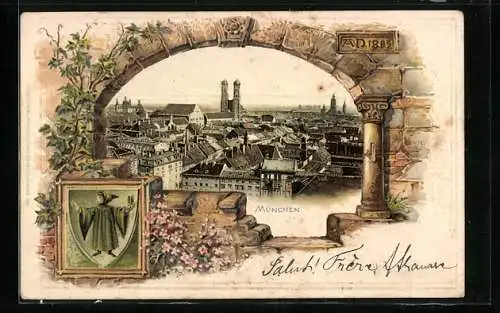 Passepartout-Lithographie München, Ortsansicht mit Kirche, Wappen mit Münchner Kindl