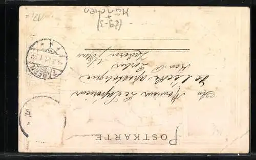 Passepartout-Lithographie München, Ortsansicht mit Kirche, Wappen mit Münchner Kindl