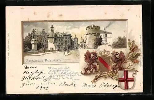 Passepartout-Lithographie Freiburg / Breisgau, Strasse am Stadteingang und Wappen mit Goldverzierungen