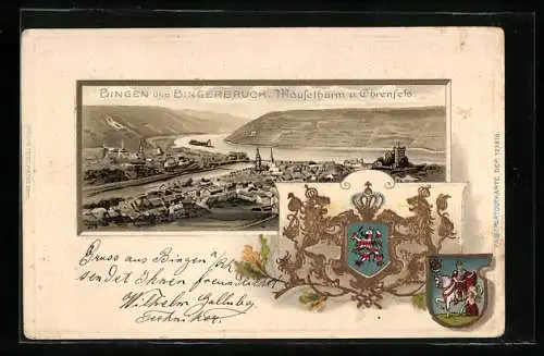 Passepartout-Lithographie Bingen / Rhein, Mäusethurm u. Ehrenfels, Blick nach Bingerbrück, Wappen