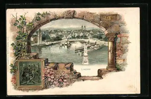 Passepartout-Lithographie Lindau / Bodensee, Partie am Hafen, Wappen