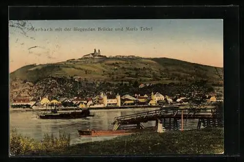 AK Marbach /Donau, Ortsansicht mit der fliegenden Brücke und Maria Taferl