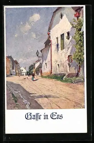 Künstler-AK Deutscher Schulverein Nr. 821: Enns, Strasse Gasse und Frau mit Kind