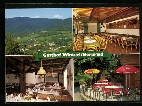 AK Bernried / Ndb., Gasthof-Pension Winterl, Innenansichten und Terrasse, Engerlgasse 18