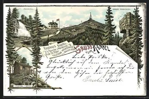 Lithographie Waldkirch / Kandel, Rasthaus Kandel mit Thomas-Hütte und Zwerifall