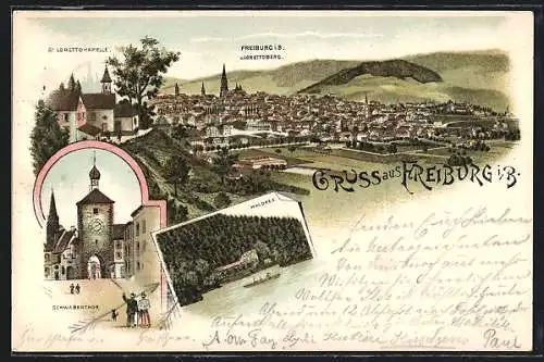 Lithographie Freiburg / Breisgau, Ansicht vom Lorettoberg, Schwabentor und Waldsee