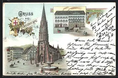 Lithographie Freiburg / Breisgau, Hotel Engel, Münster mit Brunnen
