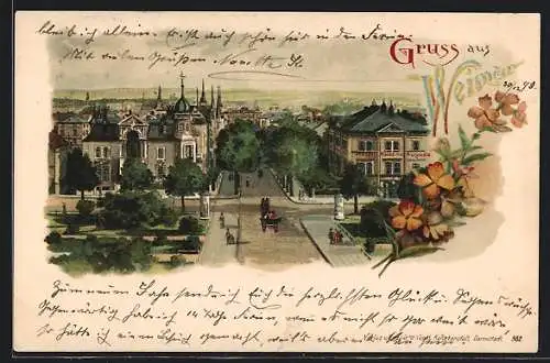 Lithographie Weimar / Thür., Strassenpartie mit Hotel Kaiserin Augusta