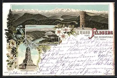 Lithographie Feldberg / Schw., Bismarckdenkmal, Feldbergsee, Gebirgspanorama mit Aussichtsturm