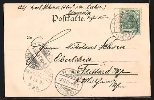 Lithographie Rüdesheim / Rhein, Ruine Ehrenfels, Schloss Rheinstein, Mäusethurm