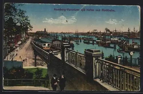 AK Hamburg, Strassenpartie Vorsetzen mit Hafen und Hochbahn