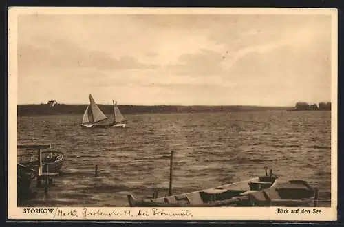 AK Storkow / Mark, Blick auf den See mit Segelboot