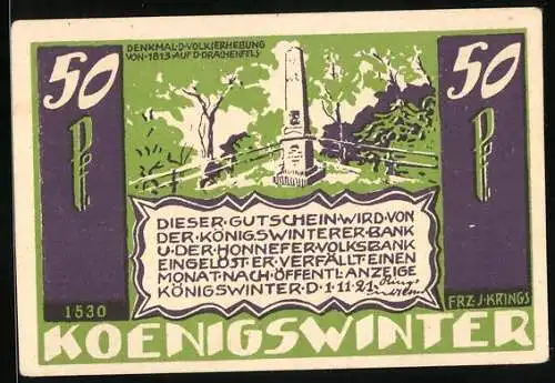 Notgeld Koenigswinter 1921, 50 Pfennig, Denkmal der Volkserhebung von 1813