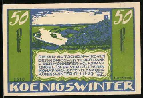 Notgeld Koenigswinter 1921, 50 Pfennig, Drachenfels und Nonnenwerth