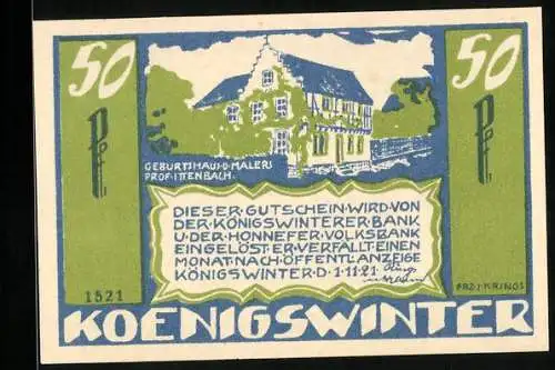 Notgeld Koenigswinter 1921, 50 Pfennig, Geburtshaus des Malers Prof. Ittenbach
